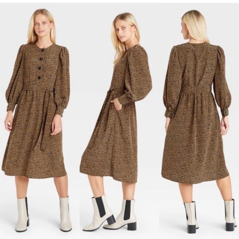 NWT Who What Wear Brown Leopard Print Long Sleeve Dress With Pockets